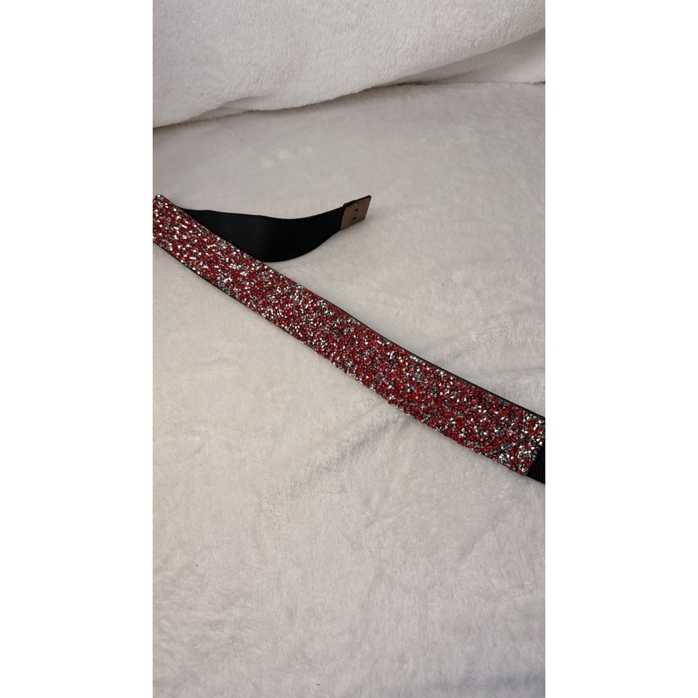 Red & Silver Rhinestone Wide Elastic Cinch Waist Belt Sparkly Crystal Stretchy